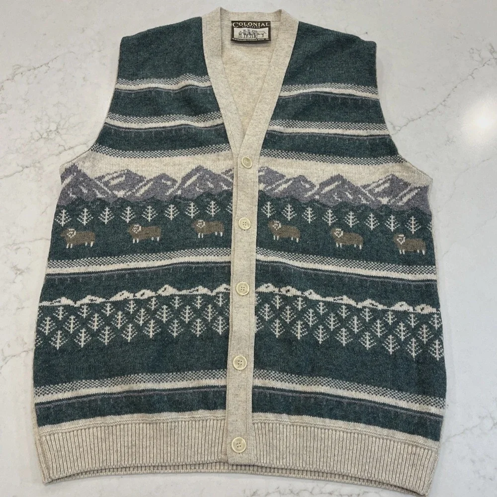 Colonial Concepts New Zealand Heritage Wool XL Sweater Button Vest Graphic Knit